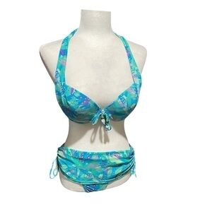 Aqua- Two piece Swimsuit- Padded Bra-Ruching on bottom - Size 10 - Turquoise